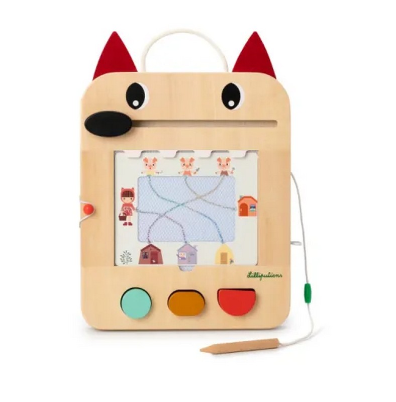 Stimolante lavagna magica a colori a forma di muso di lupo in legno con carte da gioco e forme